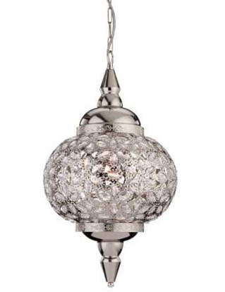A stylish chrome pendant with clear acrylic detailing